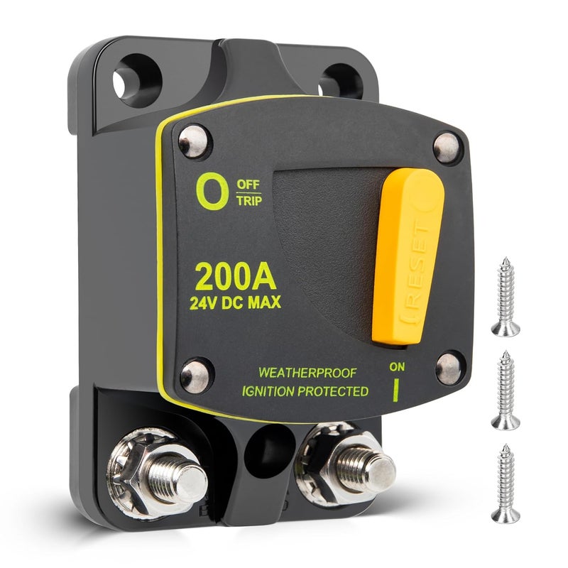 RED WOLF 200A Circuit Breaker Switch Manual Reset DC 12-24V, 5/16"-M8 Stud for Car Audio RV Marine Boat Truck Trolling Motors Stereo Audio Electronic Battery Solar System - Image 1